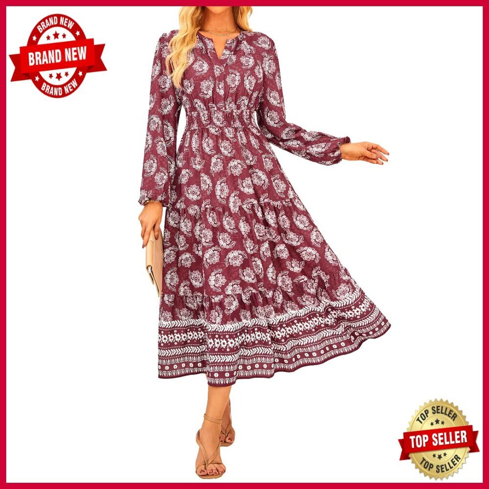 Floral Maxi Dress Long Sleeve V Neck Boho A Line Flowy With Pocket